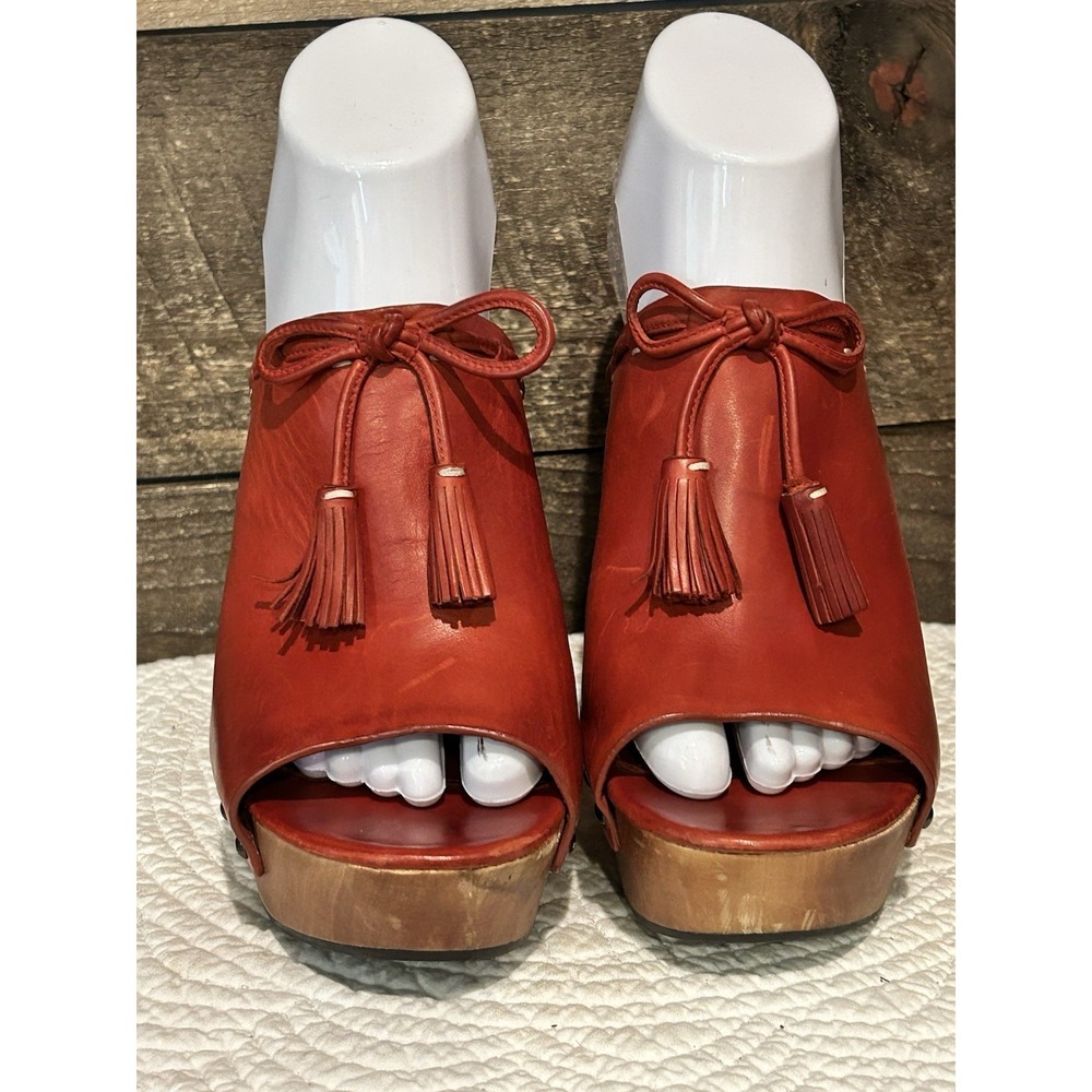 90s Platform Clog Mules Size 8 Via Spiga Red Leather Wood Studded Peep Toe 70s